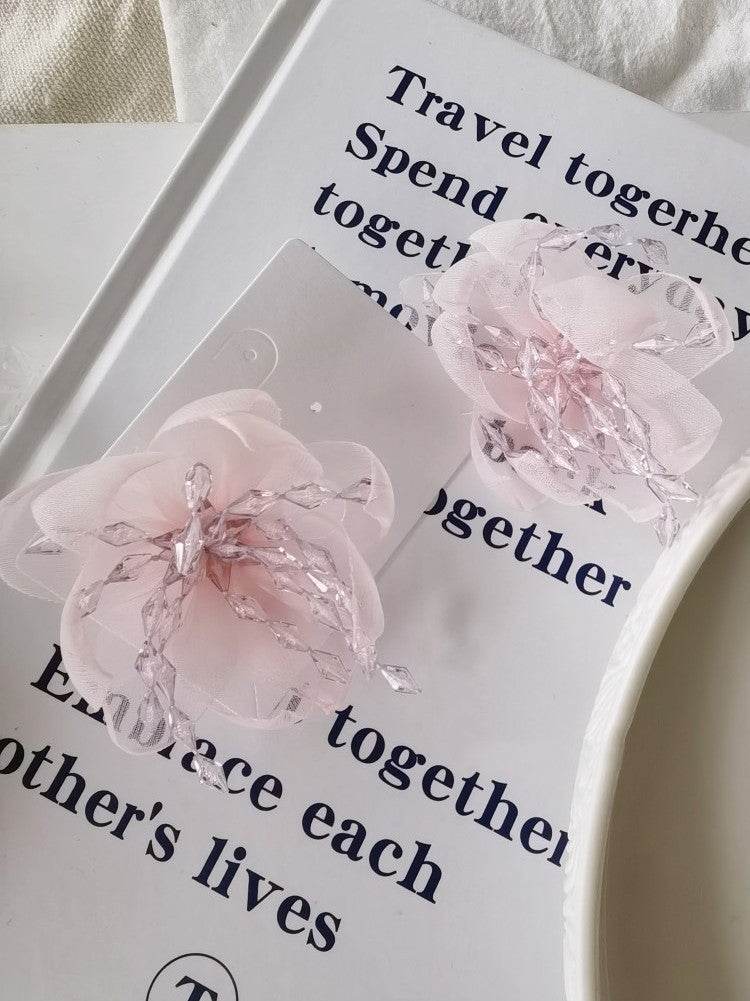 Temperament Flower Sweet Tulle Beaded Exaggerated Earrings