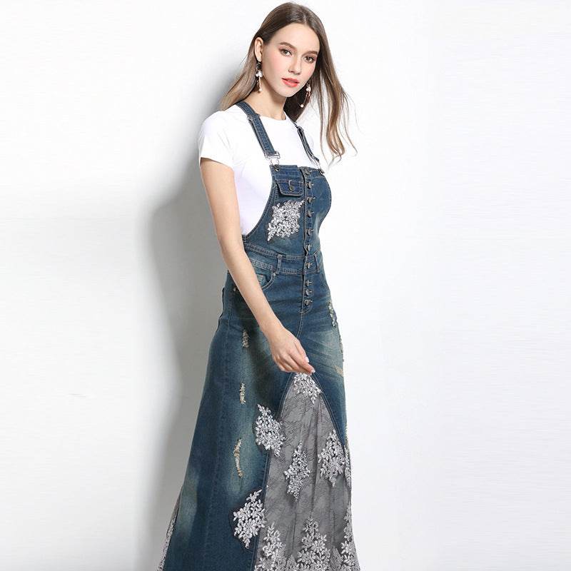 Embroidered Lace Denim Midi Jumper Dress European and American Style