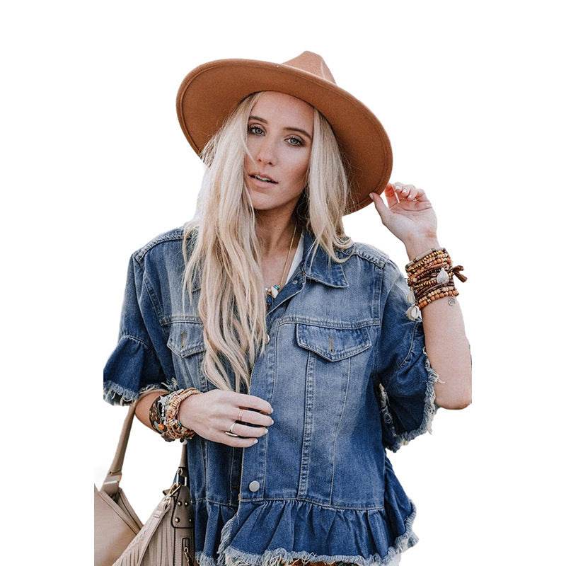 Loose Denim Jacket with Ruffled Sleeves Casual Cotton Style