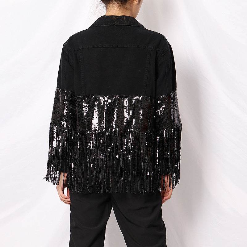 Lapel Pocket Heavy Industry Sequins Tassel  Loose Ripped Denim Jacket Women