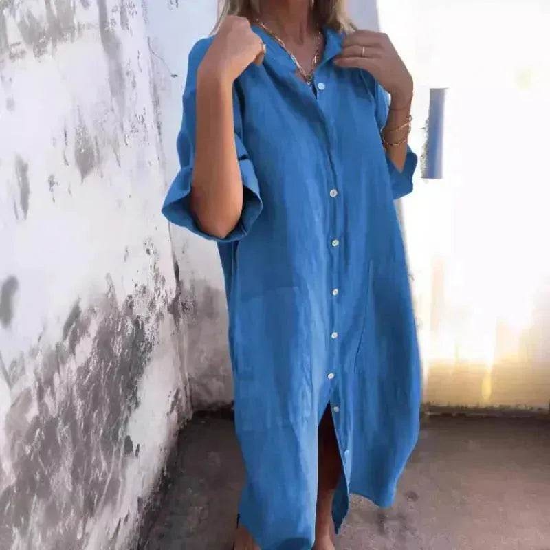 Women's Cotton Linen Shirt Dress – Loose Casual Button-Down A-Line Dress