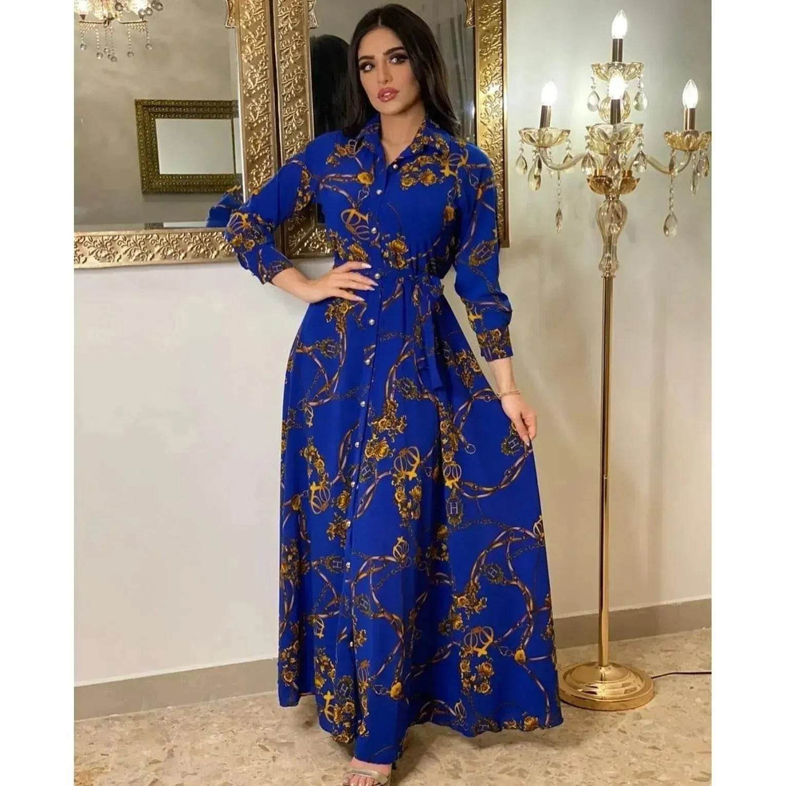 Dubai Long Dress Middle East Autumn Chain Print Swing Dress Turkish  Floral Long Sleeve dress