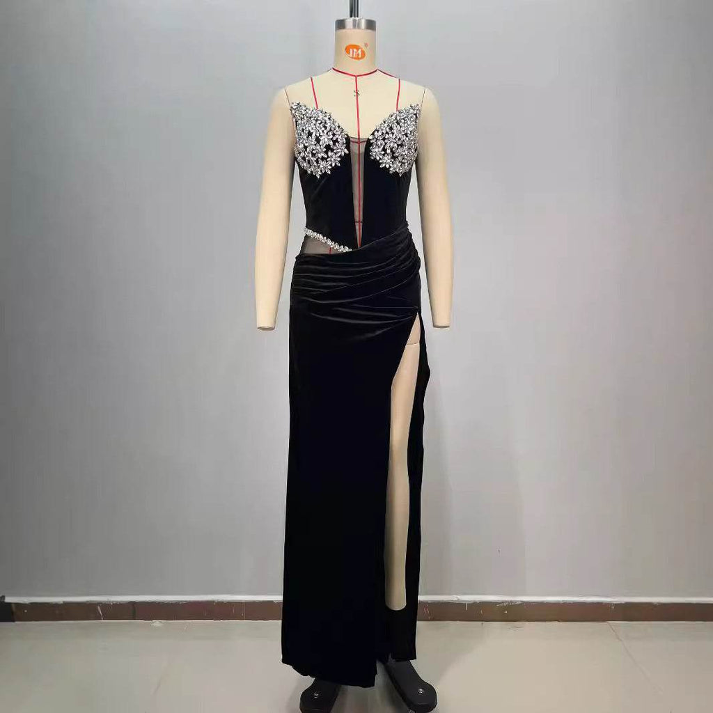 Women's Black Bandeau Slim-fit Drilling Slit Cocktail Evening Dinner Dress