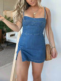 Fashion Slim Fit Slit Sling Denim Mini  sleeveless Dress Women