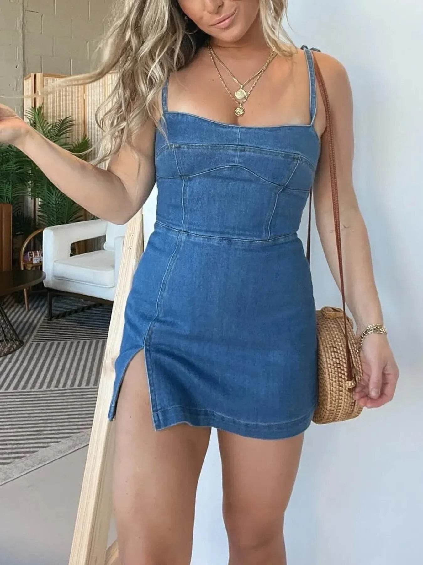 Fashion Slim Fit Slit Sling Denim Mini  sleeveless Dress Women