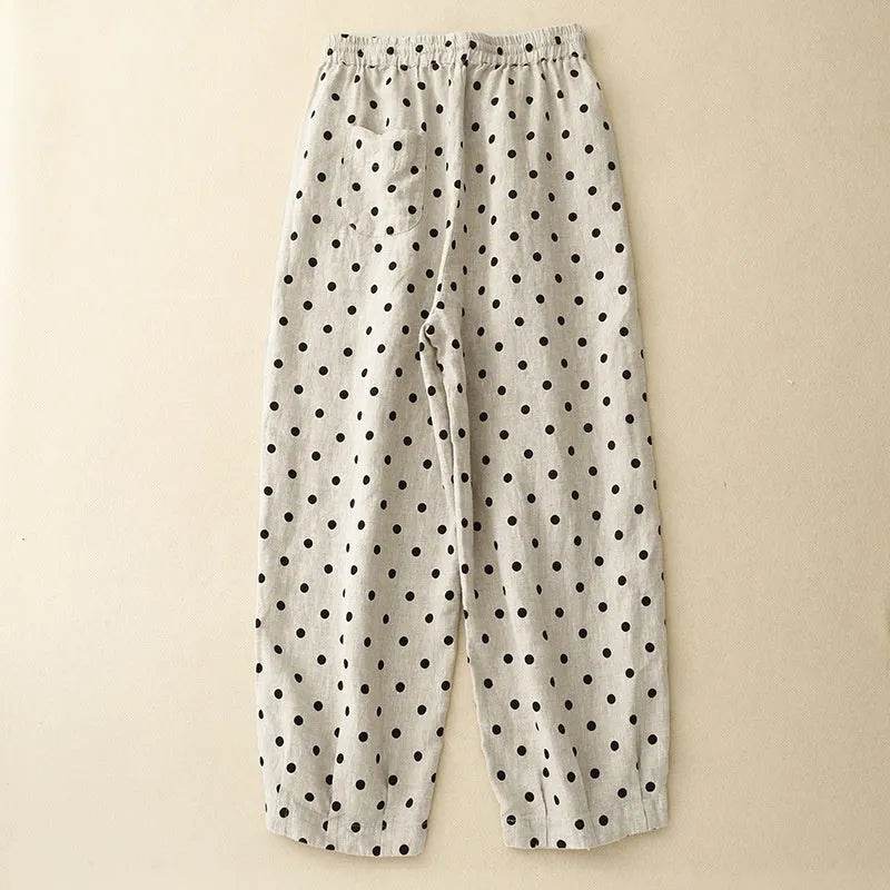 Women's Cotton Linen Harem Pants – Polka Dot Wide Leg Elastic Waist Boho Trousers