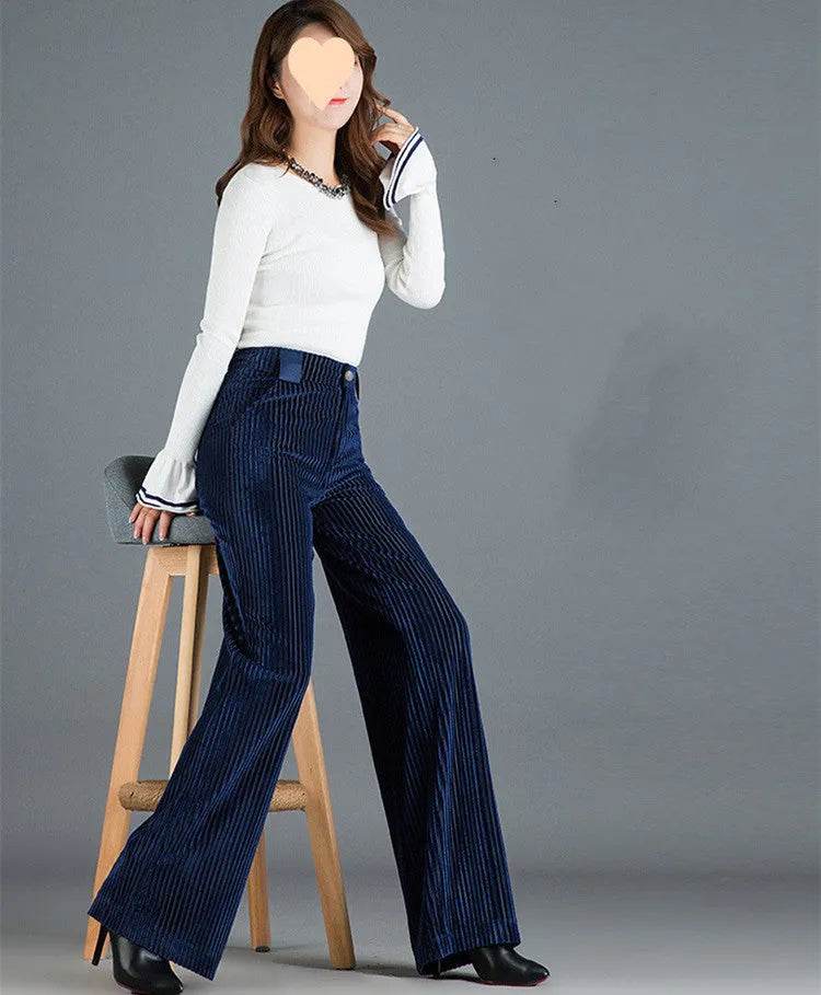 Gold Silk Striped Velvet Wide Leg trouser Pants Women