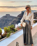 Satin Long Sleeve Shirt & Glossy pleated maxi Skirt 2pcs