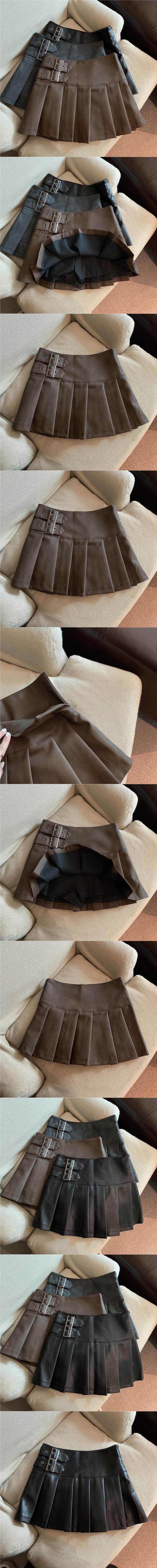 Women's American-style Vintage Mini  Pleated Leather Skirt