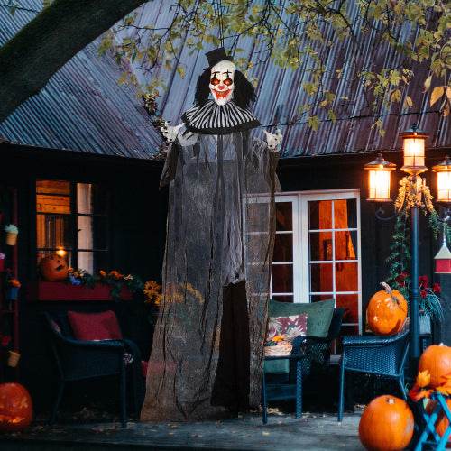 HOMCOM 6 Life Size Outdoor Halloween Decoration, Classic Black And White Striped Clown Animatronic, Sound And Motion Activated Animated Prop With Light Up Eyes  Sounds