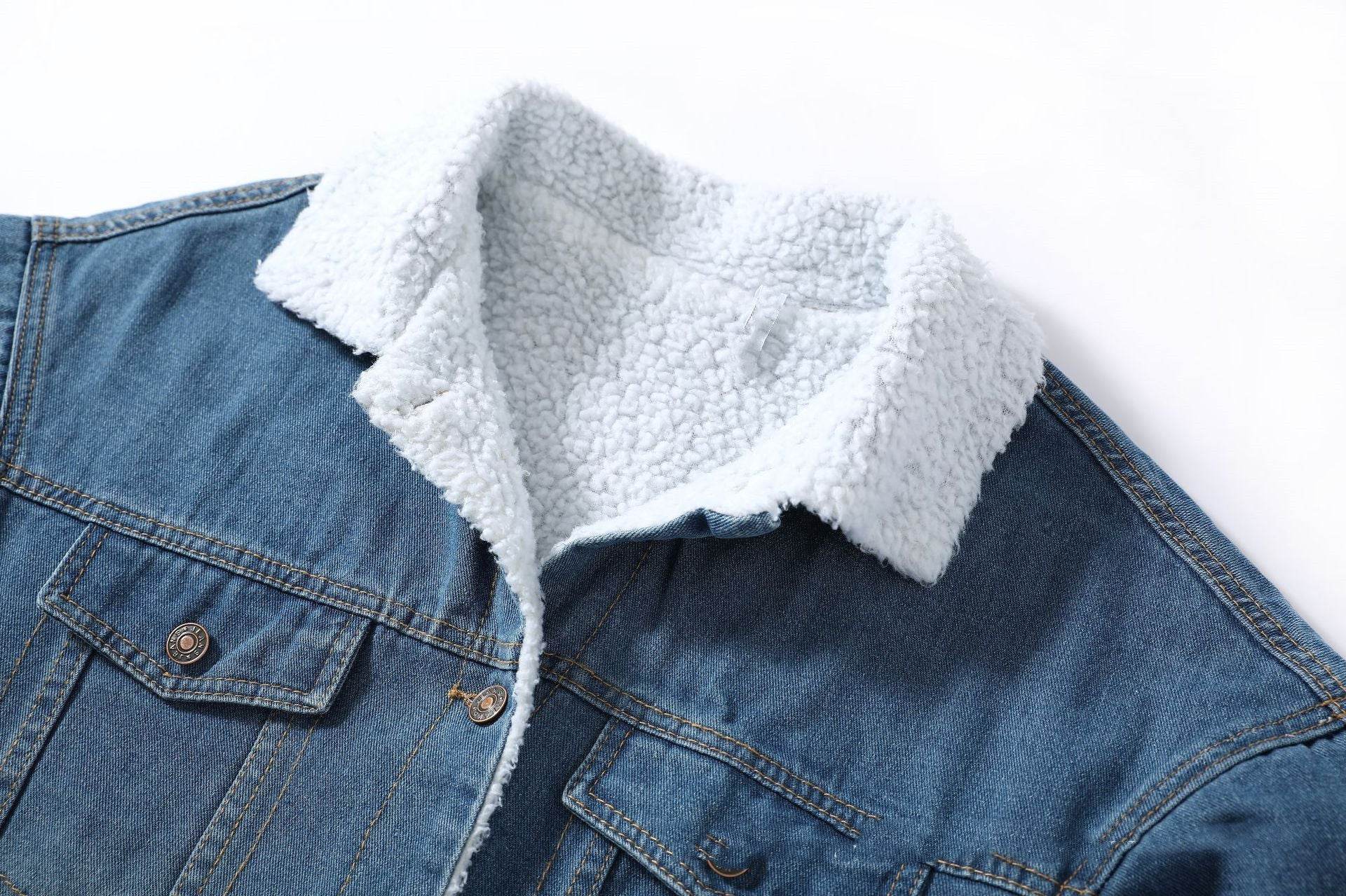 Blue Fleece Lined Denim Jacket 3/4 Sleeve Unisex Jeans Jacket