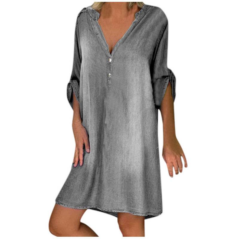 Casual Half Button Mid-sleeve loose Washed denim dress