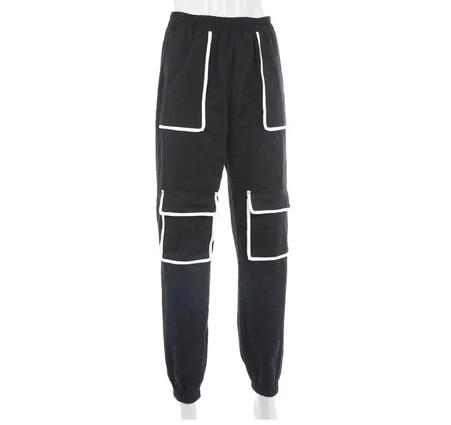 White Stripe Cargo Pants Women Trousers Pockets Patchwork Contrast Color High Waist Pants Hip Hop Capris