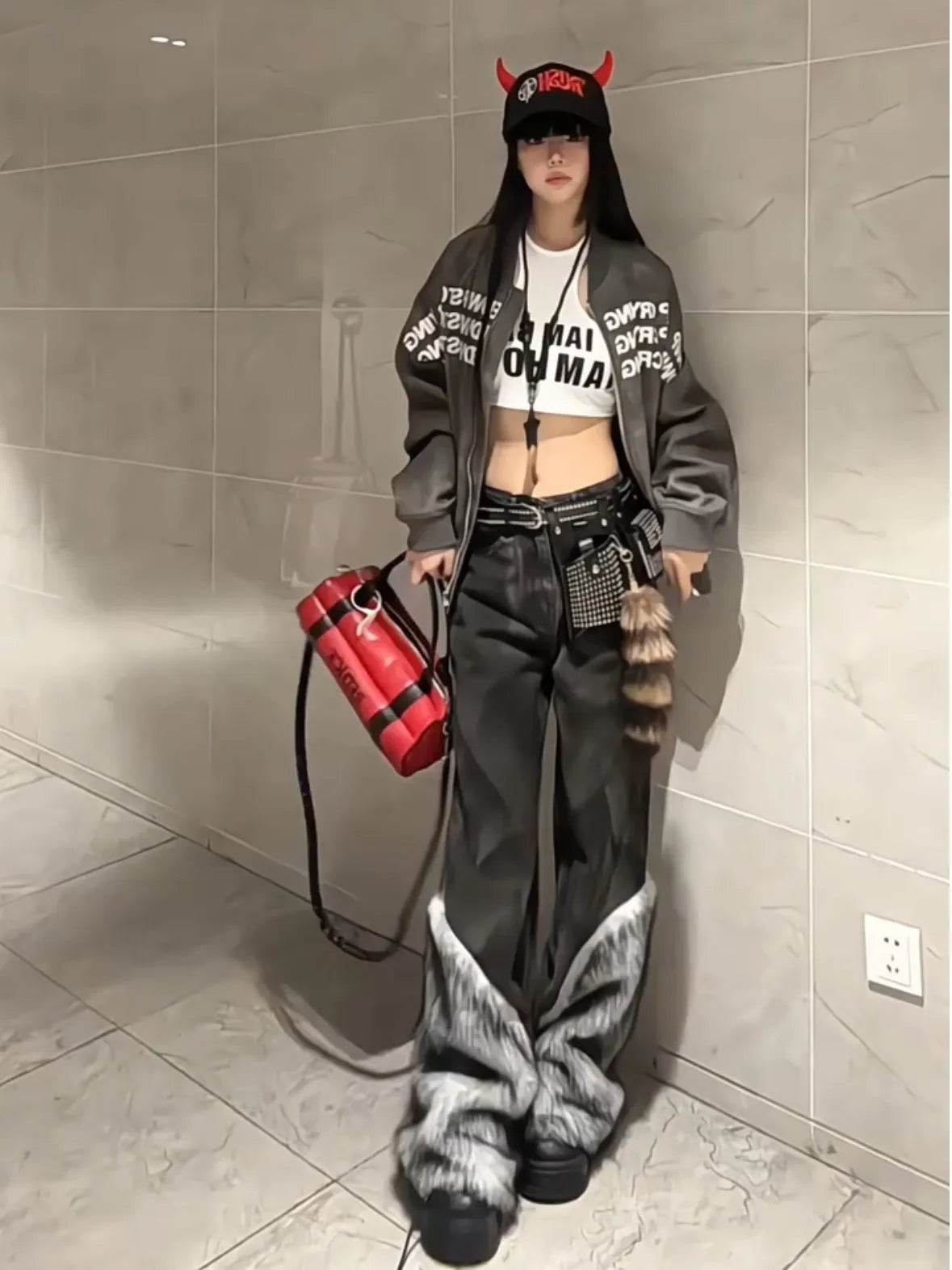 Retro Distressed Pants Leg Stitching Edging Skinny Baggy Jeans Pant For Women
