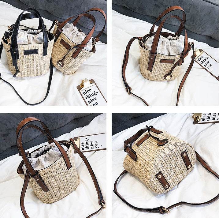 Women's bag hand-woven contrast color bucket straw bag cylinder handbag diagonal shoulder beach bag