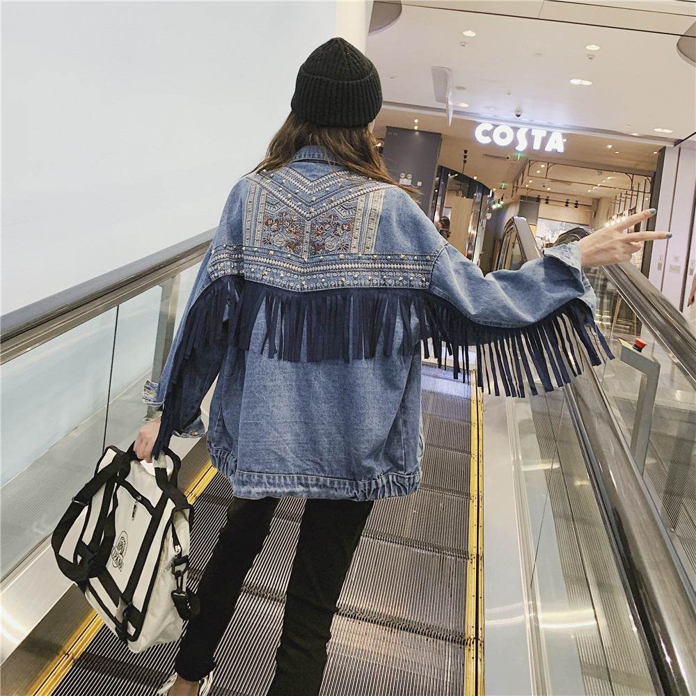 Elegant women Oversized Embroidered Tassel Fringe Denim Jacket