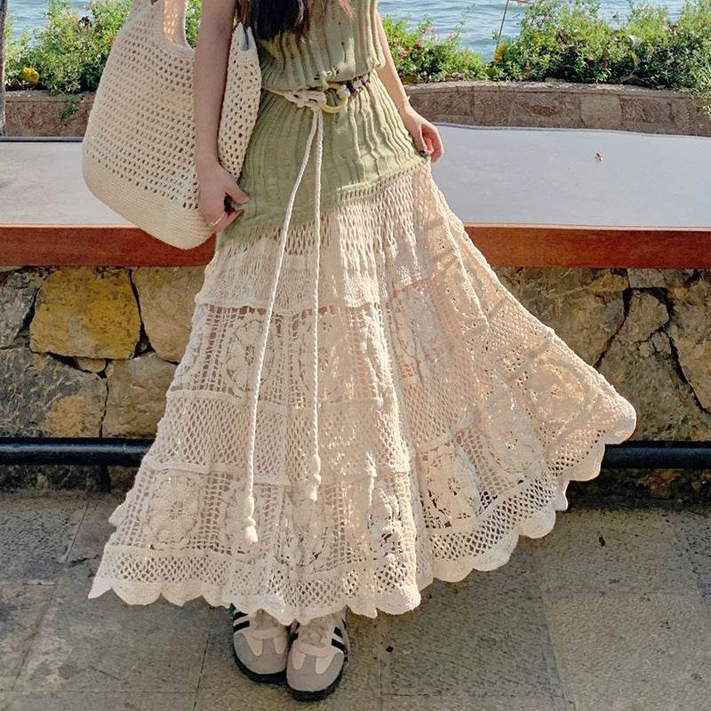 Retro Vacation Style Crocheted Hollow Beige Maxi Skirt