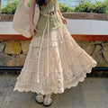 Retro Vacation Style Crocheted Hollow Beige Maxi Skirt