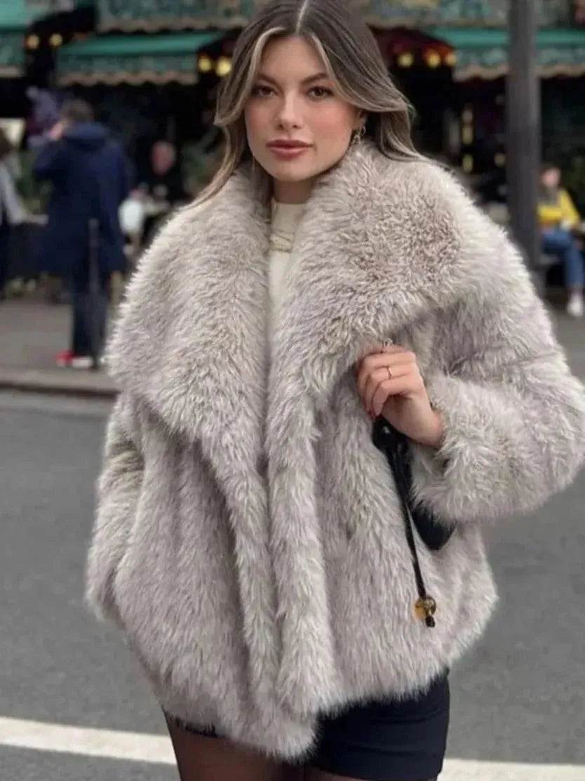 Winter Plush Open front Coat Thick lapel Outwear Faux Fur Coat women