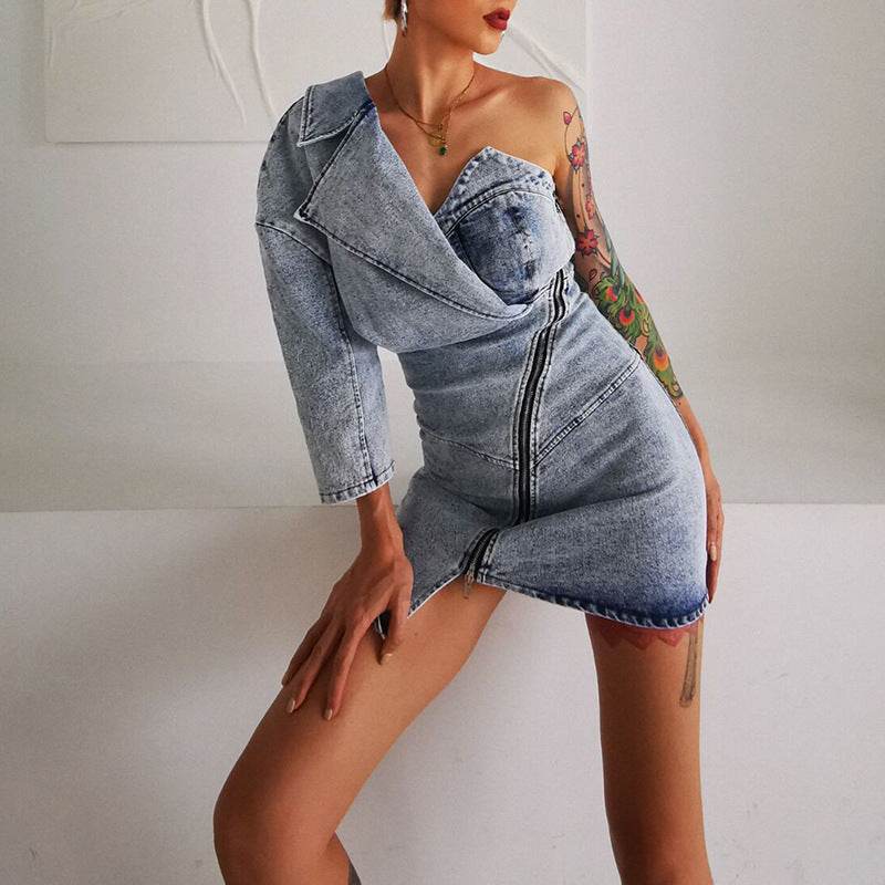 Street Fashion One shoulder Denim Mini Jeans hip dress