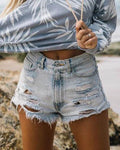 High Waist Ripped Tassel Denim Shorts For Women