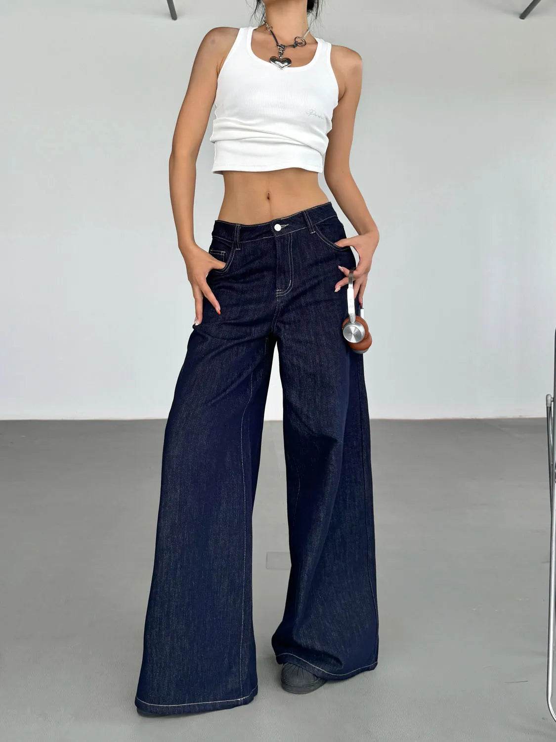 Fashion American Retro Wide Leg Baggy Jeans Pant For Women