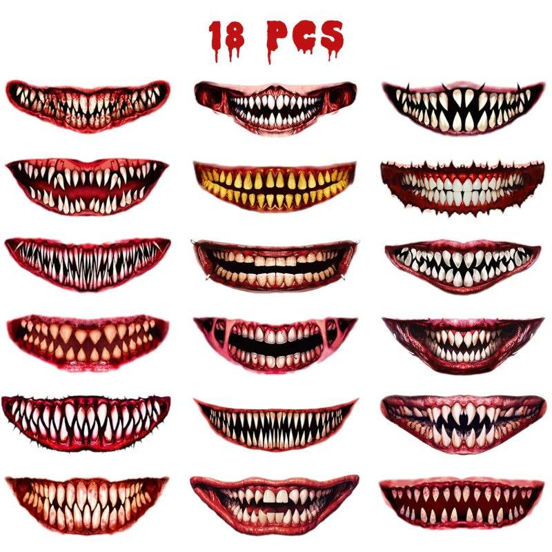 18 Sheets Halloween Temporary Tattoo Stickers 18 Styles Realistic Face Tattoo Face Stick Horror Prank Props Make Up Face Decals Cosplay Decor For Halloween Trick Or Treat Party Costumes Party
