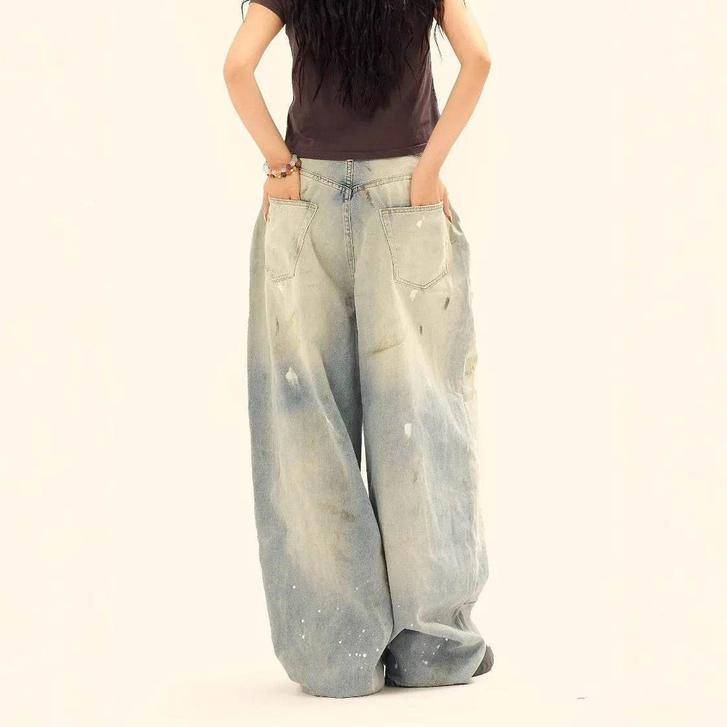 Washed Distressed Casual Loose Wide-leg Baggy Jeans Pant Splash-ink Design Slimming Unisex Style Mop Pants Men And Women