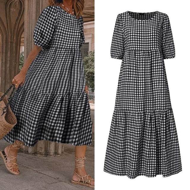 Casual Summer Midi dress puff sleeve flowy mum dress