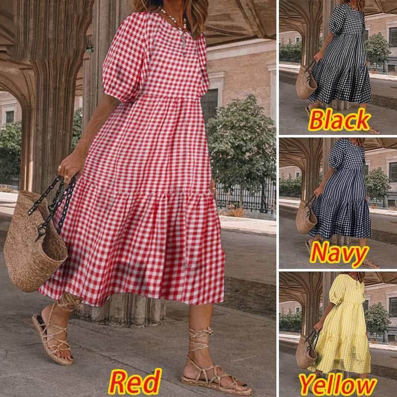 Casual Summer Midi dress puff sleeve flowy mum dress