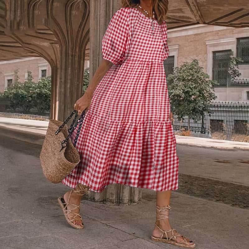 Casual Summer Midi dress puff sleeve flowy mum dress
