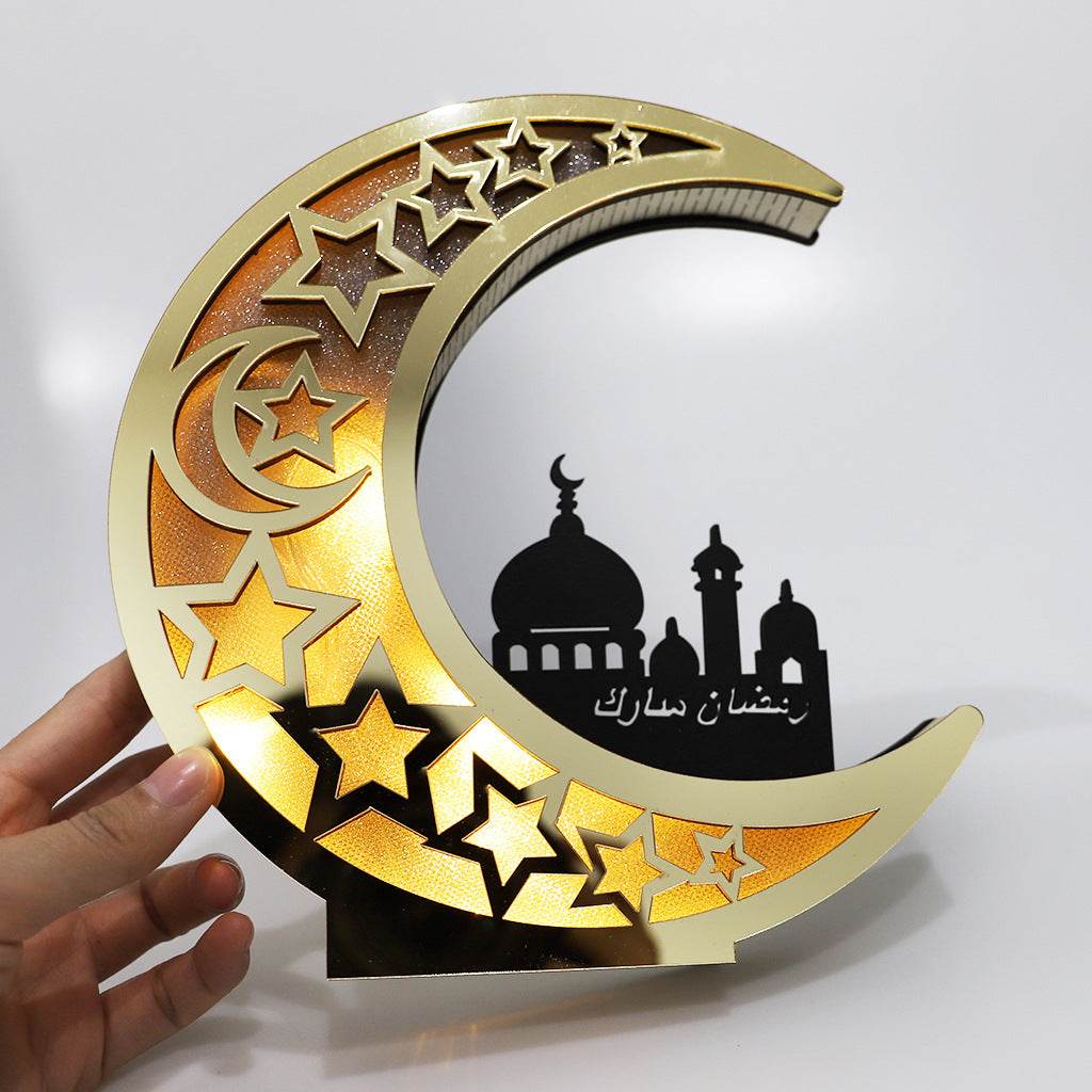 Wooden Eid Mubarak Mirror Golden Moon Castle craft Hollow Letters with LED Lights decor Ornaments