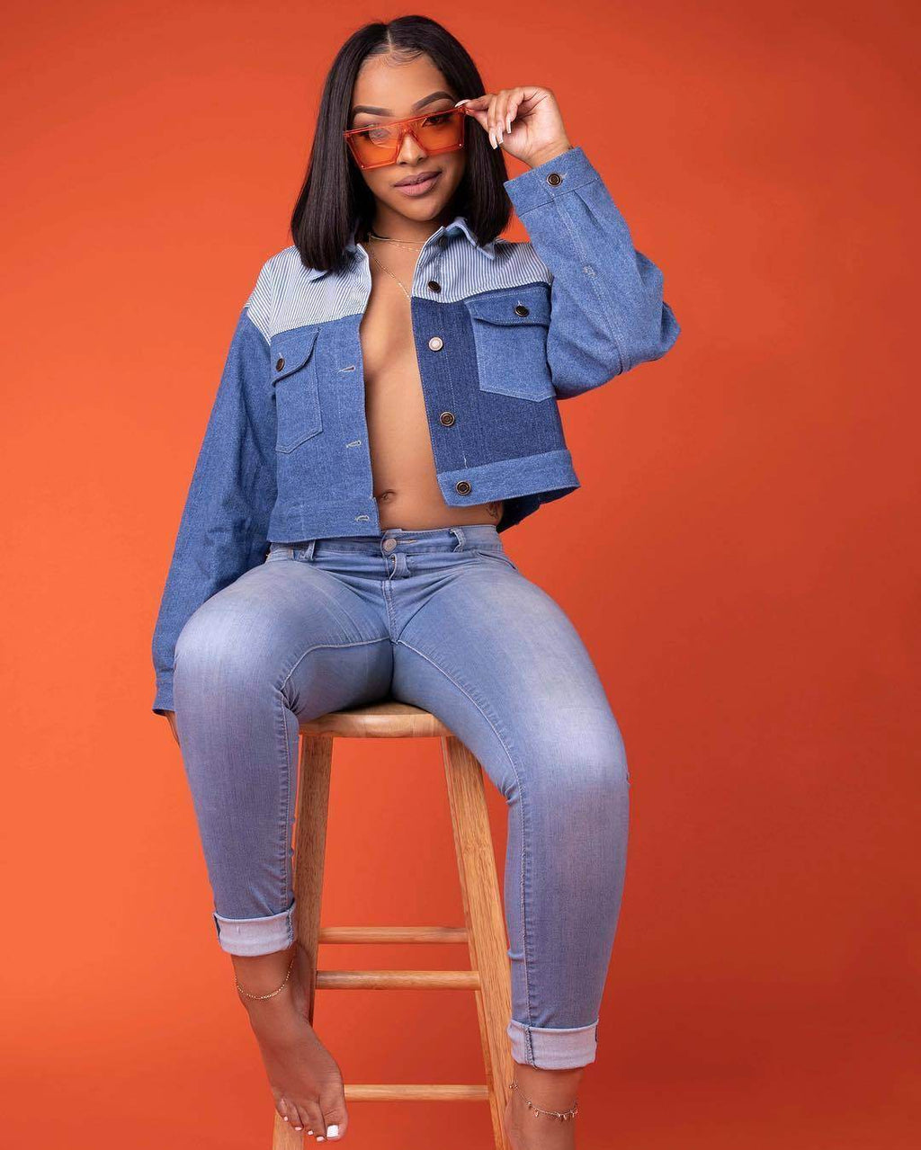 Oversized Denim Jacket – Color Matching Cotton Lapel