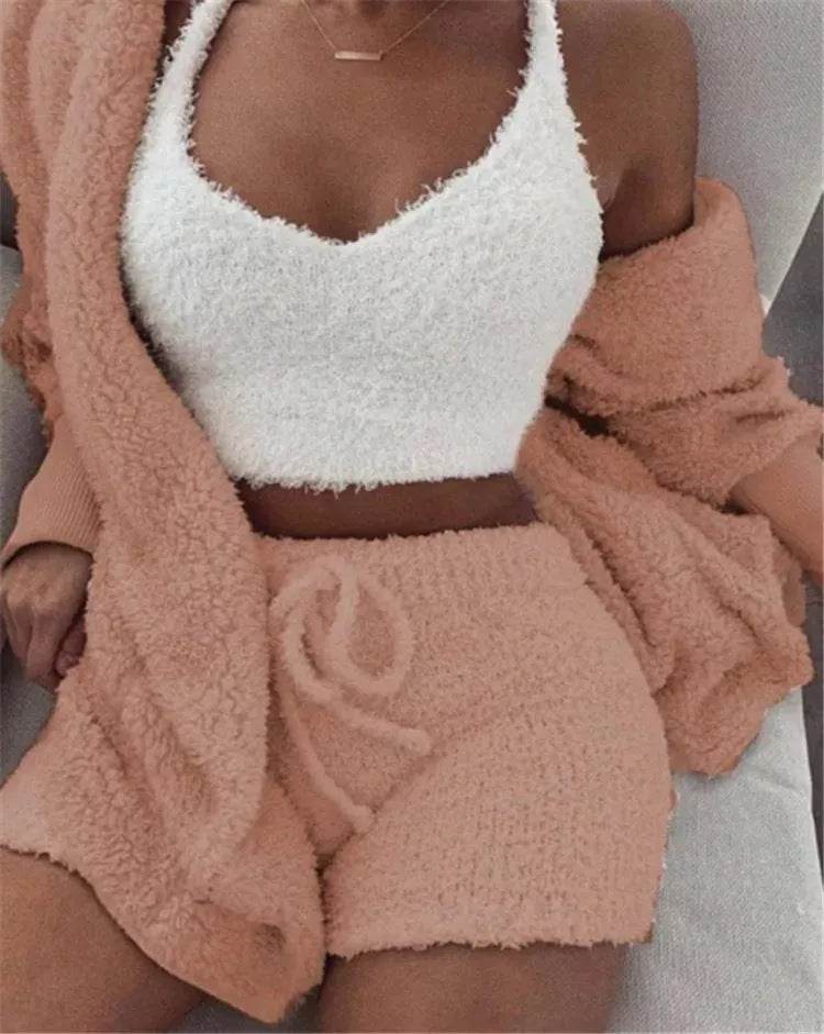 Winter Women Home Wear Suit Casual Pajamas Set Lady Female Soft Warm Long Sleeve Exposed Navel Vest Shorts Set