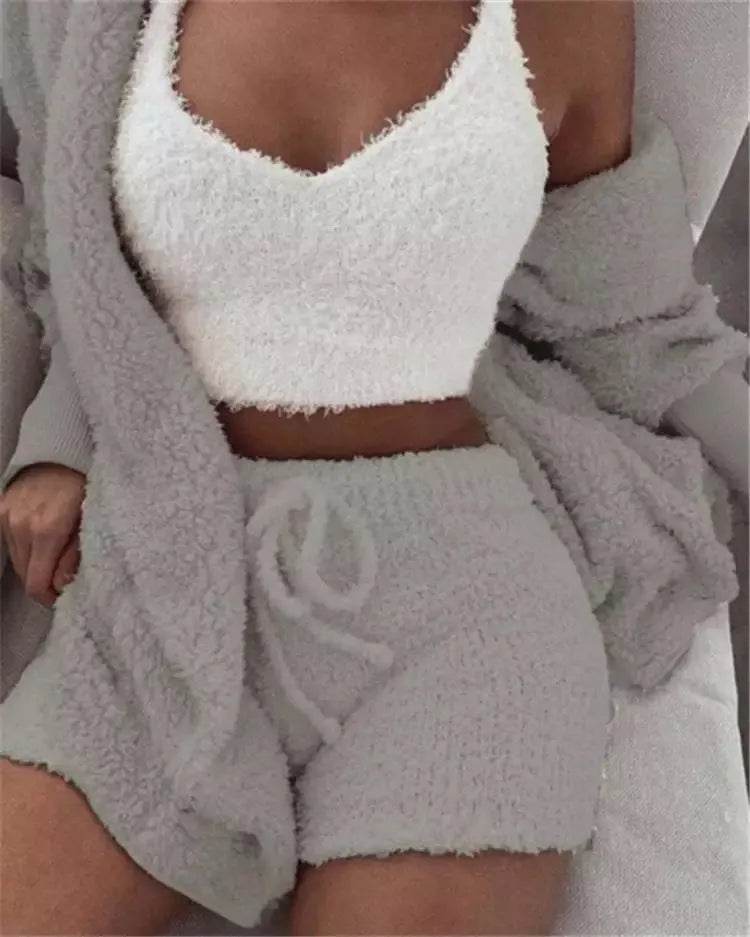 Winter Women Home Wear Suit Casual Pajamas Set Lady Female Soft Warm Long Sleeve Exposed Navel Vest Shorts Set