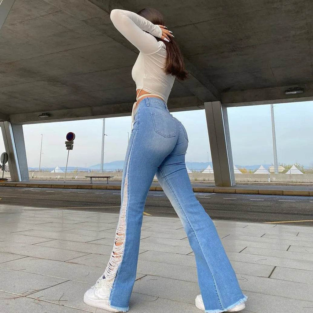 Fashion Ripped Casual Pants Bag Hip Contrast Frosted Bootcut Jeans
