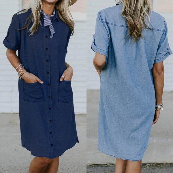 Women's Solid Color Casual Denim Short Sleeve Pocket loose Denim Dress