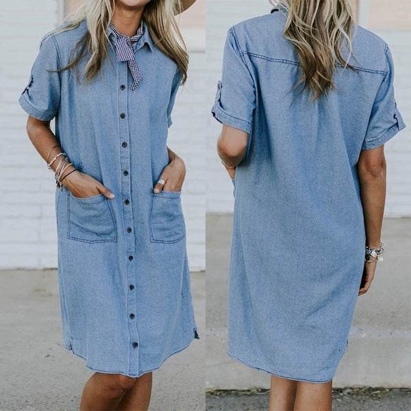 Women's Solid Color Casual Denim Short Sleeve Pocket loose Denim Dress