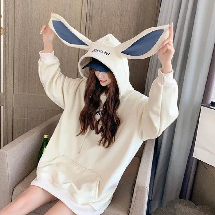 Cute Women Girls Rabbit Ears Plus Velvet Thick Hoodies Pullover Pocket Sweatshirts