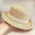 Elegant Retro Pearl Wheat Straw Flat Top Straw Hat Women's Summer Sun Protection Beach Hat Hepburn Style