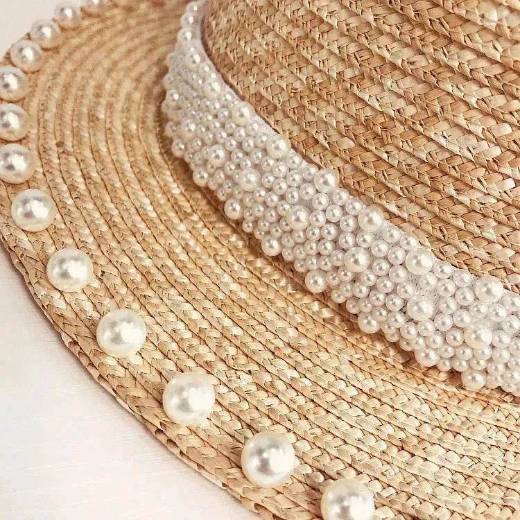 Elegant Retro Pearl Wheat Straw Flat Top Straw Hat Women's Summer Sun Protection Beach Hat Hepburn Style