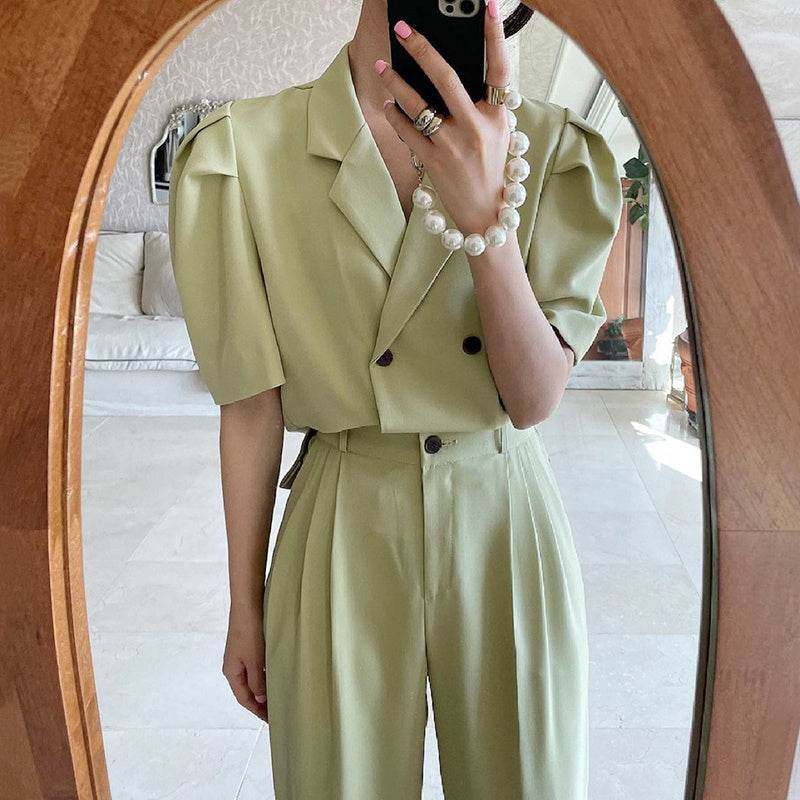 Simple Lapel Double-breasted Puff Sleeve Blazer  High-waist Pleated Casual Trousers suit