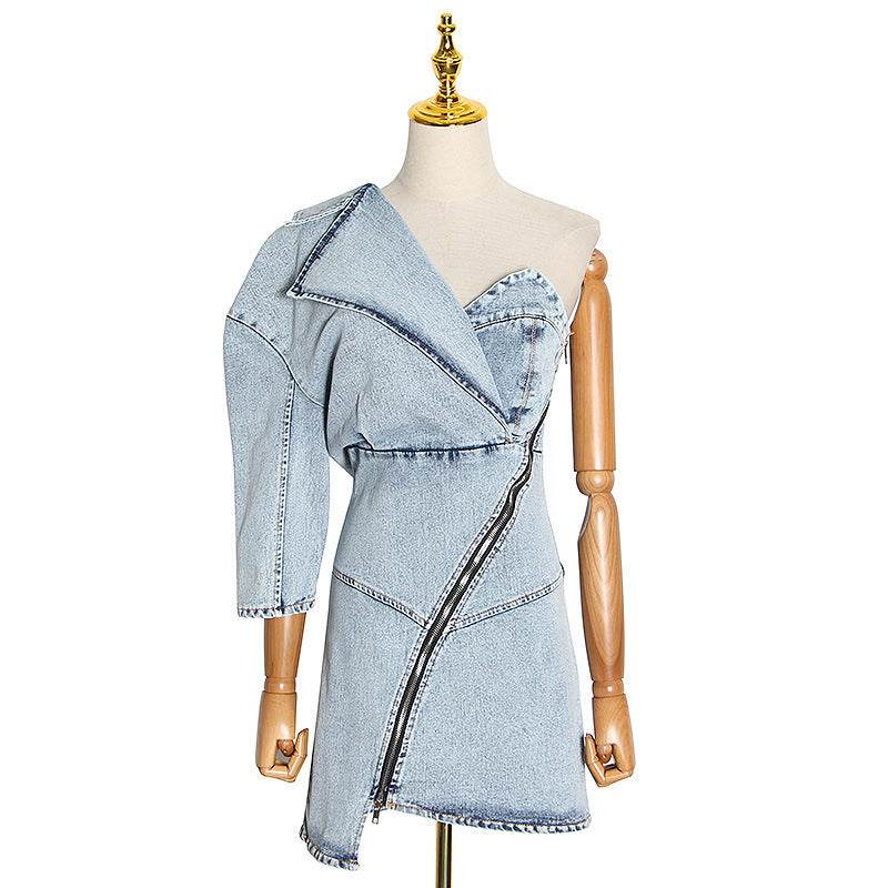 Street Fashion One shoulder Denim Mini Jeans hip dress