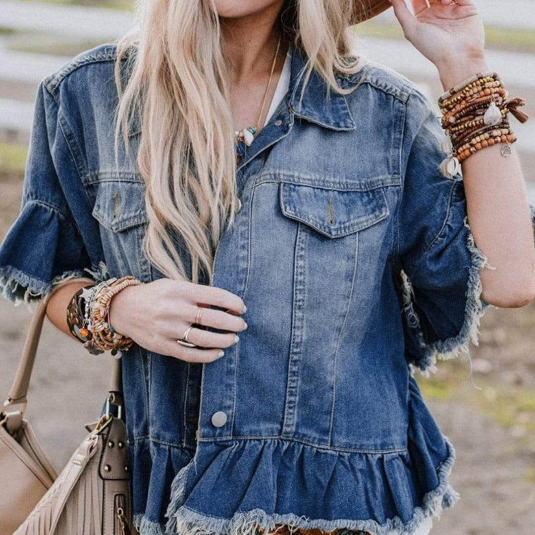 Loose Denim Jacket with Ruffled Sleeves Casual Cotton Style