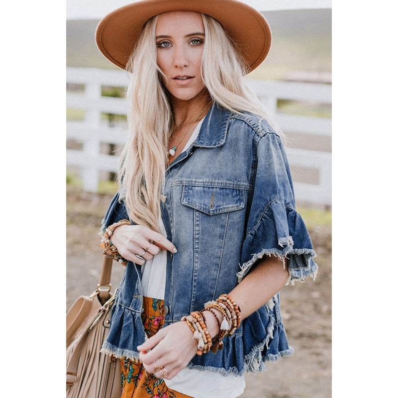 Loose Denim Jacket with Ruffled Sleeves Casual Cotton Style