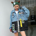 Denim Loose Jacket Women Stylish Graffiti Patch Design