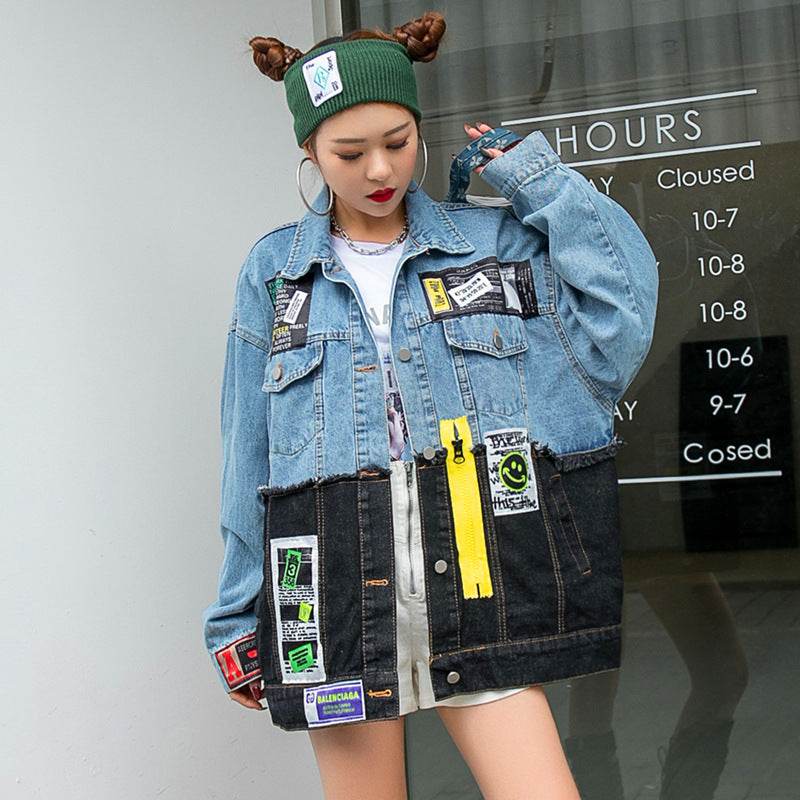 Denim Loose Jacket Women Stylish Graffiti Patch Design