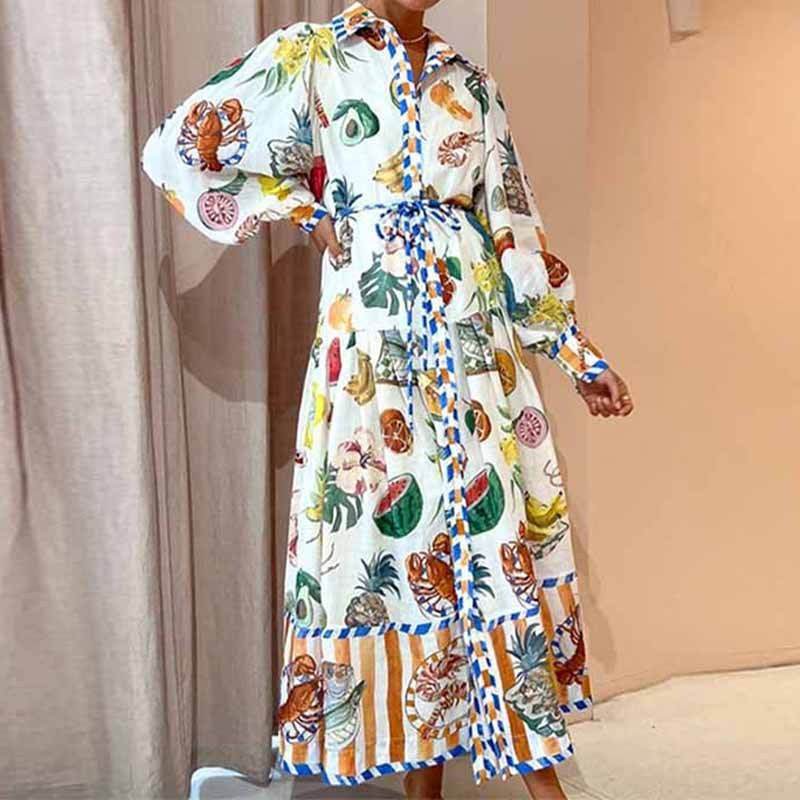 Floral Print Beach Dress – Women's Lantern Sleeve A-Line Midi Dress