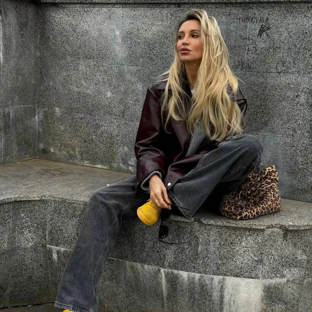 Fashioned Oversized zipper Lapel Leather coat jacket for women