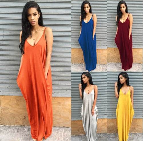 Plus size summer maxi dress beach vacation resort dress with pocket